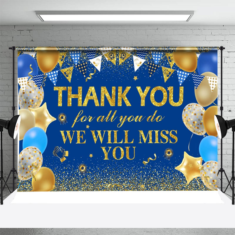 Aperturee - Miss You Golden Blue Balloon Flag Thank You Backdrop