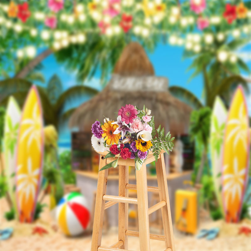 Aperturee - Beach Bar Ball Surfboard Coconut Tree Summer Backdrop