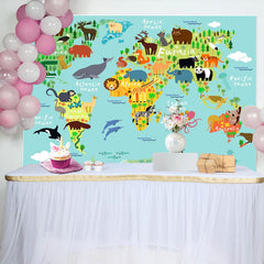 Aperturee - Safari Wild Animals World Map Baby Shower Backdrop