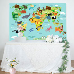 Aperturee - Safari Wild Animals World Map Baby Shower Backdrop