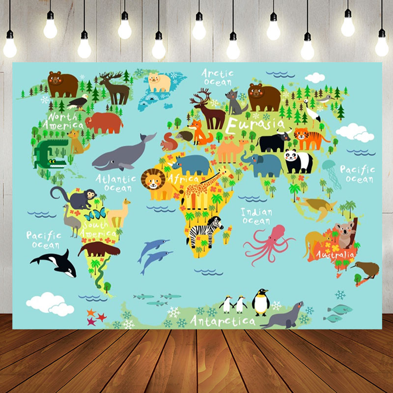 Aperturee - Safari Wild Animals World Map Baby Shower Backdrop