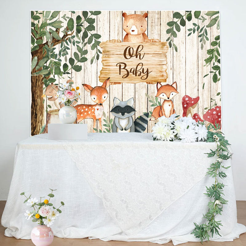 Aperturee - Wood Sign Animals Tree Leaves Baby Shower Backdrop