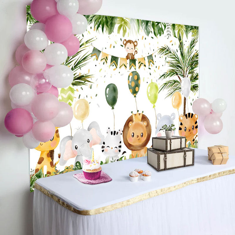 Aperturee - Animals Balloon Tree Monstera Baby Shower Backdrop