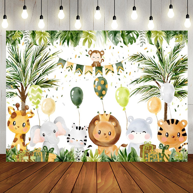 Aperturee - Animals Balloon Tree Monstera Baby Shower Backdrop