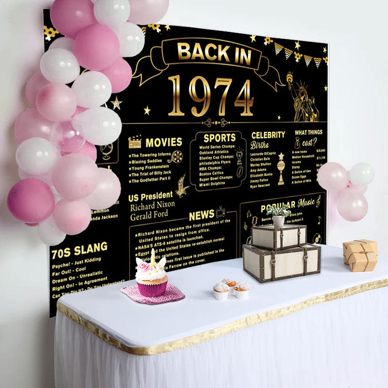 Aperturee - Back In 1974 Gold Star Black 50th Birthday Backdrop