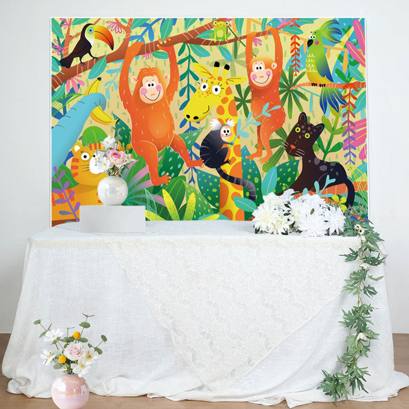 Aperturee - Colorful Animals Green Leaves Baby Shower Backdrop