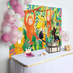 Aperturee - Colorful Animals Green Leaves Baby Shower Backdrop