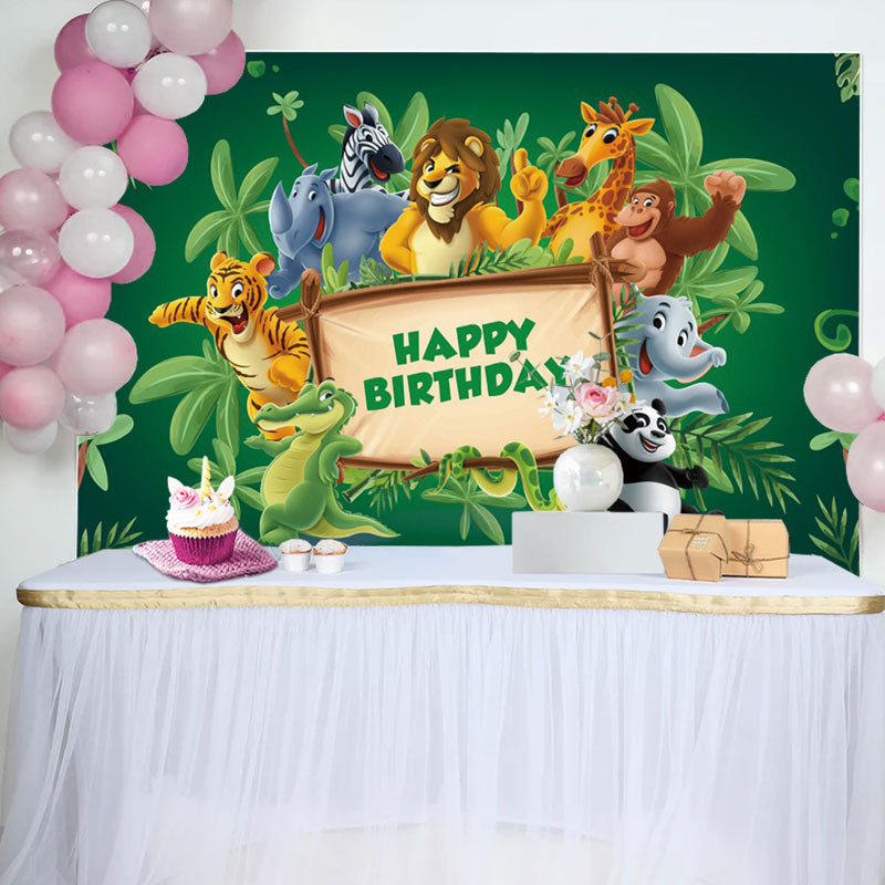 Aperturee - Green Leaves Wood Sign Animals Birthday Backdrop