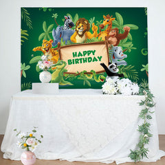 Aperturee - Green Leaves Wood Sign Animals Birthday Backdrop