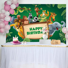 Aperturee - Green Leaves Animals Wood Sign Birthday Backdrop