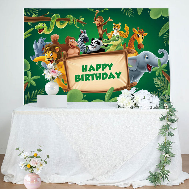 Aperturee - Green Leaves Animals Wood Sign Birthday Backdrop