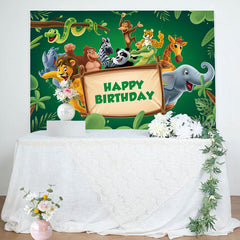 Aperturee - Green Leaves Animals Wood Sign Birthday Backdrop