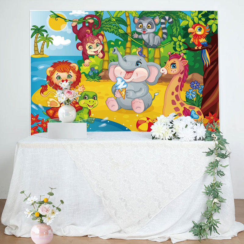 Aperturee - Animals Beach Coconut Tree Sea Baby Shower Backdrop