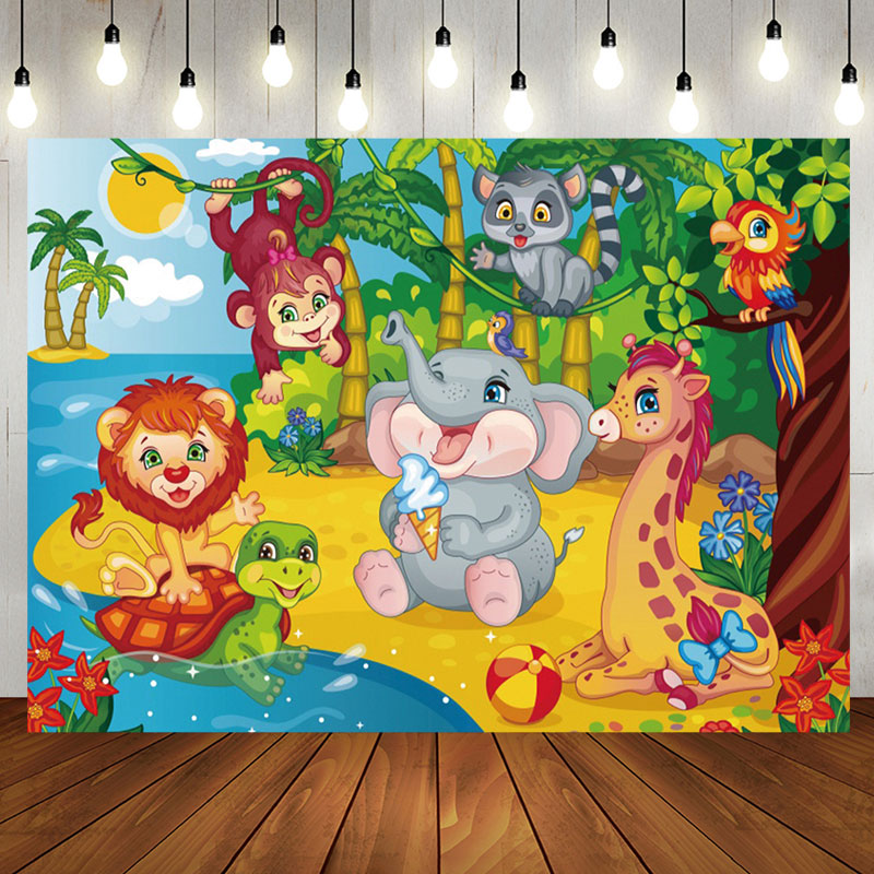 Aperturee - Animals Beach Coconut Tree Sea Baby Shower Backdrop