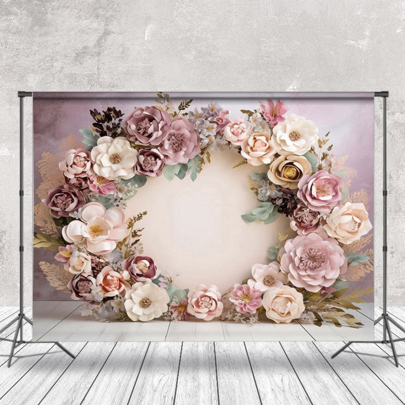 Aperturee - Aperturee Light Purple Beige Paper Floral Wreath Photo Backdrop