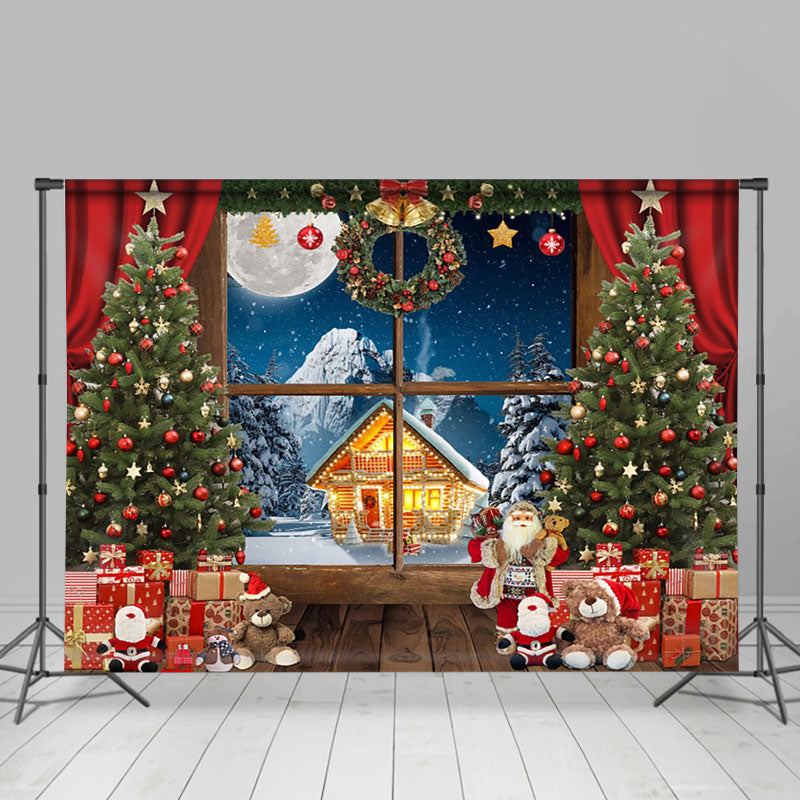 Aperturee - Aperturee Window Red Curtain Gifts Christmas Night Backdrop