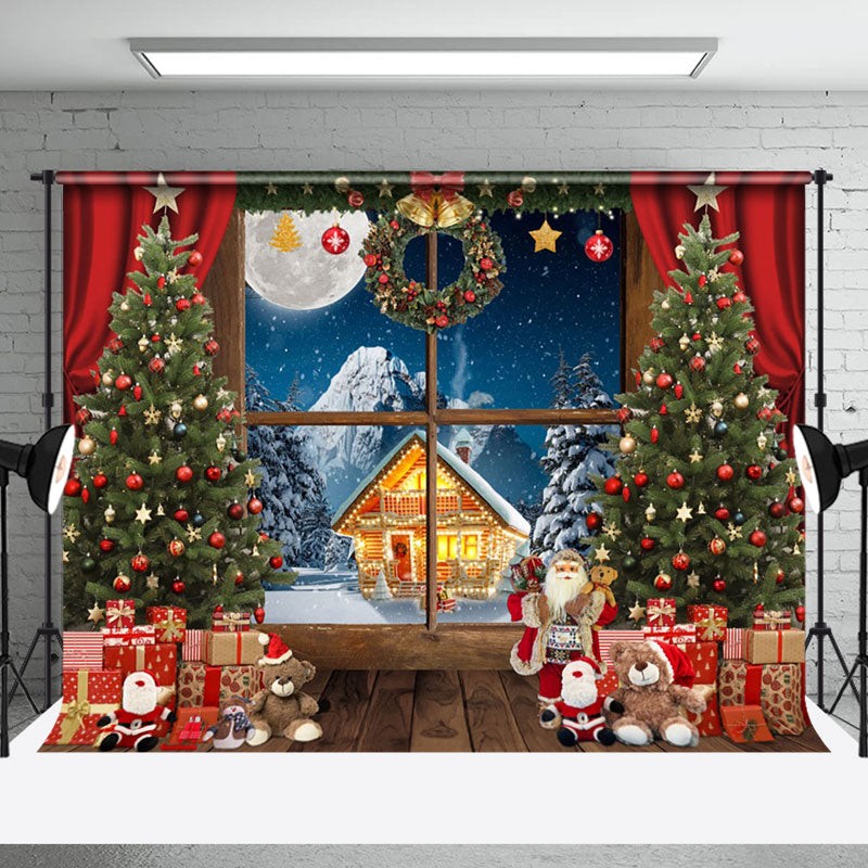 Aperturee - Aperturee Window Red Curtain Gifts Christmas Night Backdrop