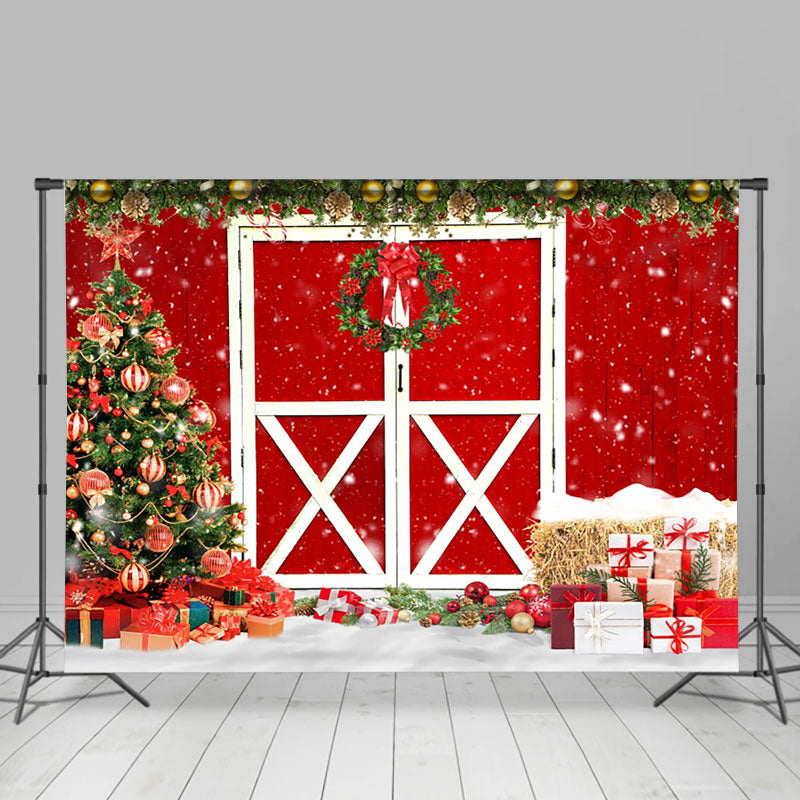 Aperturee - Aperturee Vintage Red Door Wreath Christmas Party Backdrop