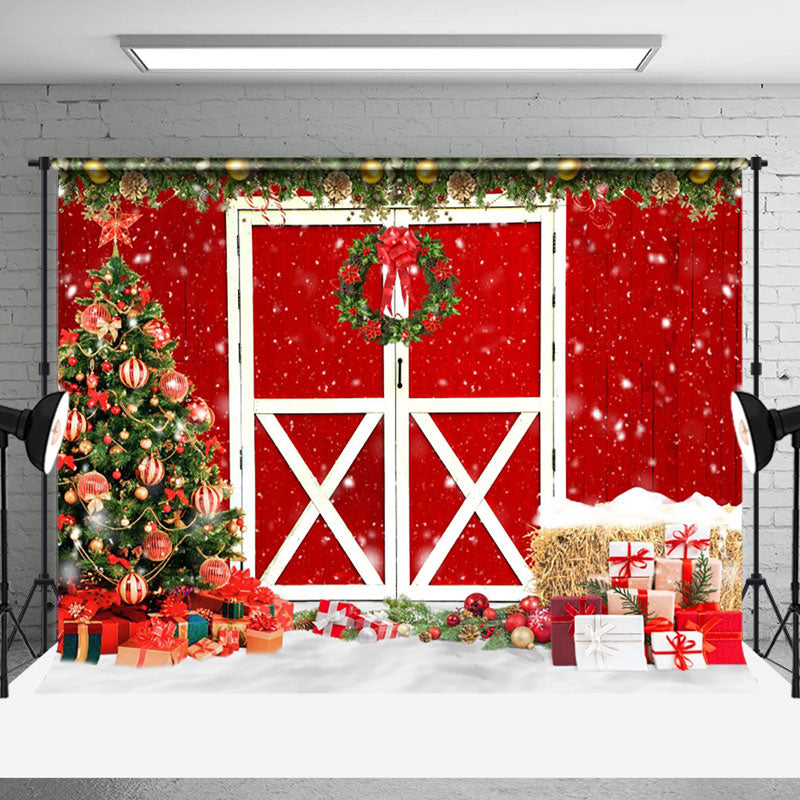 Aperturee - Aperturee Vintage Red Door Wreath Christmas Party Backdrop