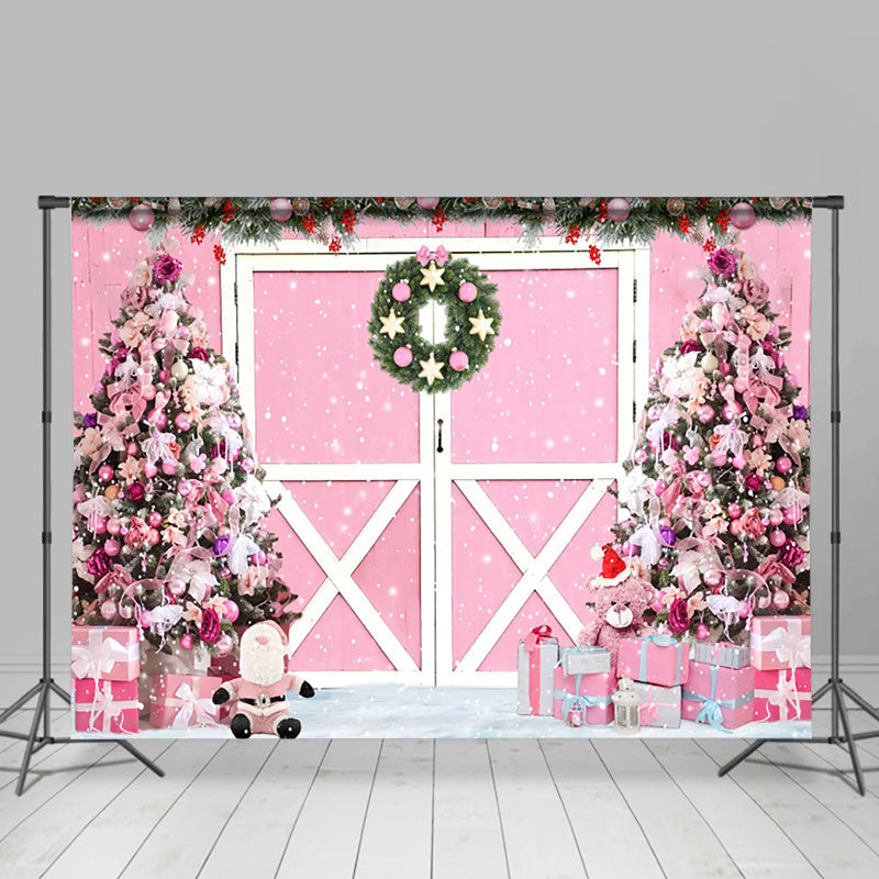 Aperturee - Aperturee Pink Door Wreath Christmas Tree Gifts Backdrop