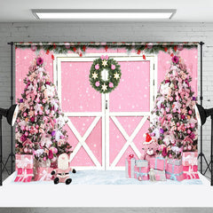 Aperturee - Aperturee Pink Door Wreath Christmas Tree Gifts Backdrop