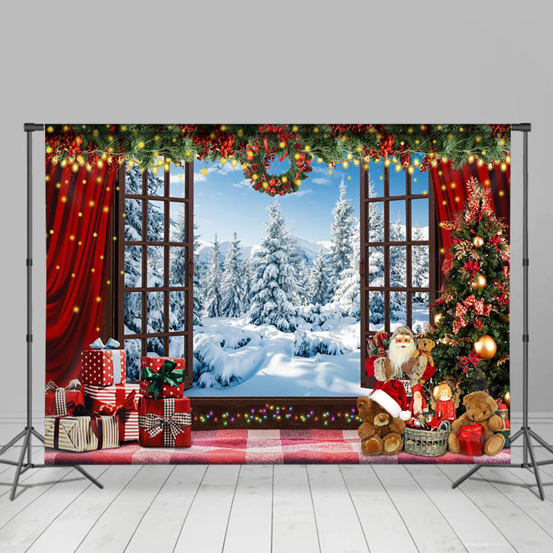 Aperturee - Aperturee Snowy Window Red Gifts Toy Bear Christmas Backdrop