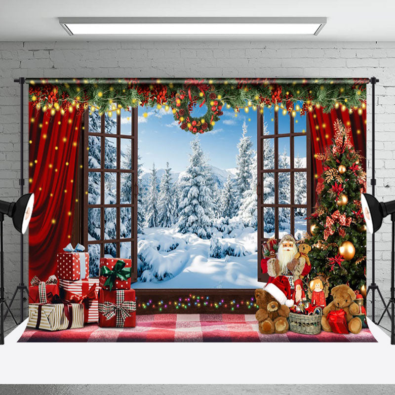 Aperturee - Aperturee Snowy Window Red Gifts Toy Bear Christmas Backdrop