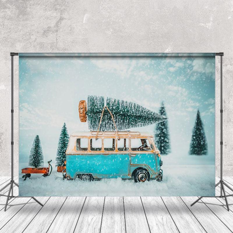 Aperturee - Aperturee Snowy Bus Moving Pine Winter Backdrop For Photo