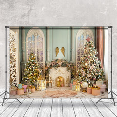 Aperturee - Aperturee Retro Fireplace Green Wall Gold Christmas Backdrop