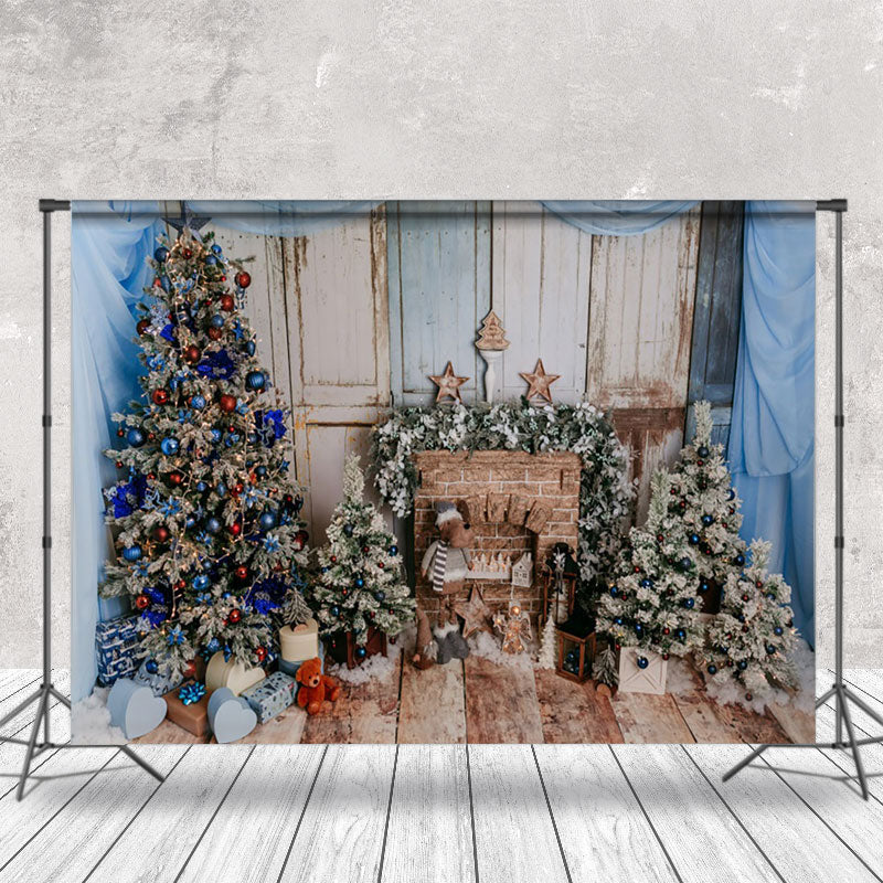 Aperturee - Aperturee Blue Drapes Brick Fireplace Wood Christmas Backdrop