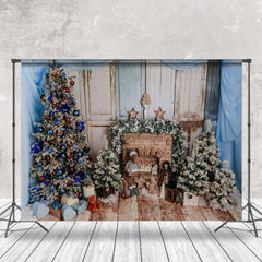 Aperturee - Aperturee Blue Drapes Brick Fireplace Wood Christmas Backdrop