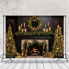 Aperturee - Aperturee Gold Decor Warm Fireplace Black Christmas Backdrop