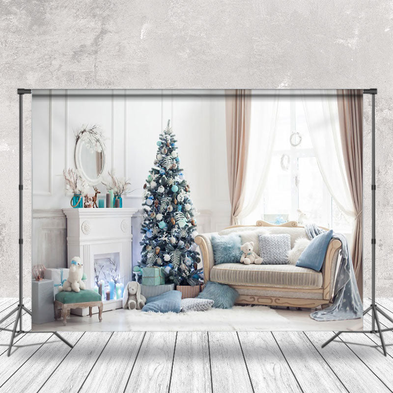 Aperturee - Aperturee Bright Blue Room Sofa Christmas Tree Backdrop