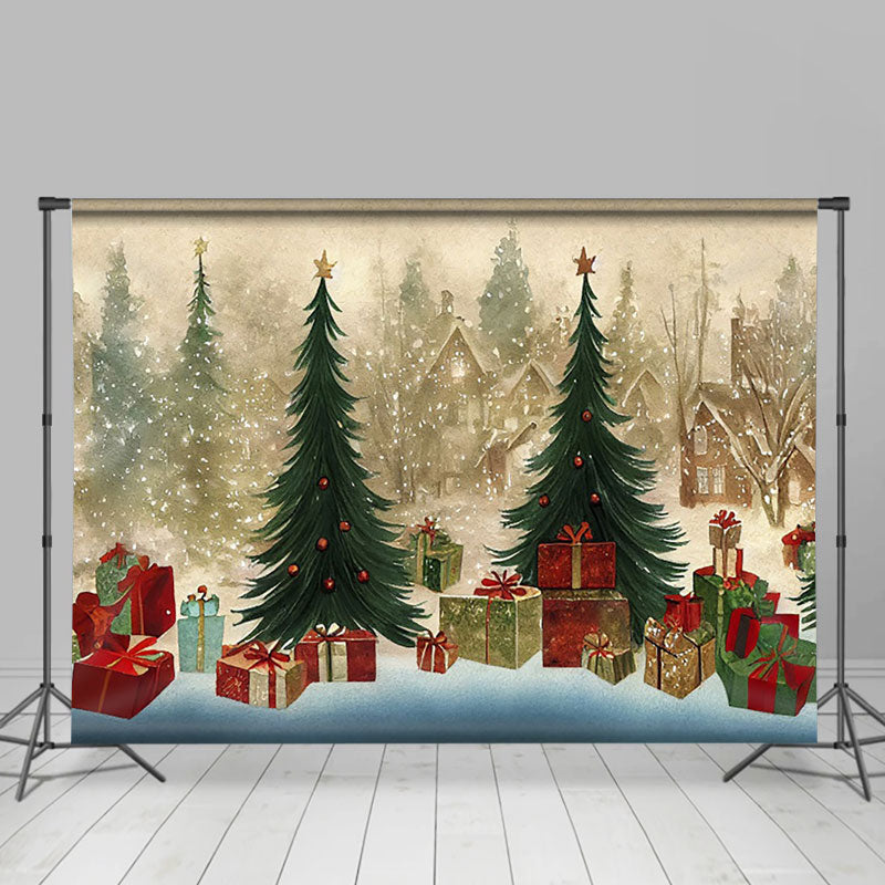 Aperturee - Aperturee Vintage Cartoon Christmas Tree Gift Boxbackdrop