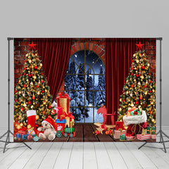 Aperturee - Aperturee Brick Wall Arched Windows Christmas Photo Backdrop