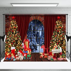 Aperturee - Aperturee Brick Wall Arched Windows Christmas Photo Backdrop