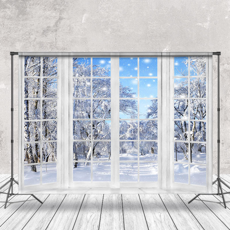 Aperturee - Aperturee White French Window Outside Snowy Winter Backdrop