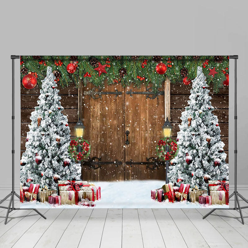 Aperturee - Aperturee Old Wooden Door Christmas Tree Festive Photo Backdrop