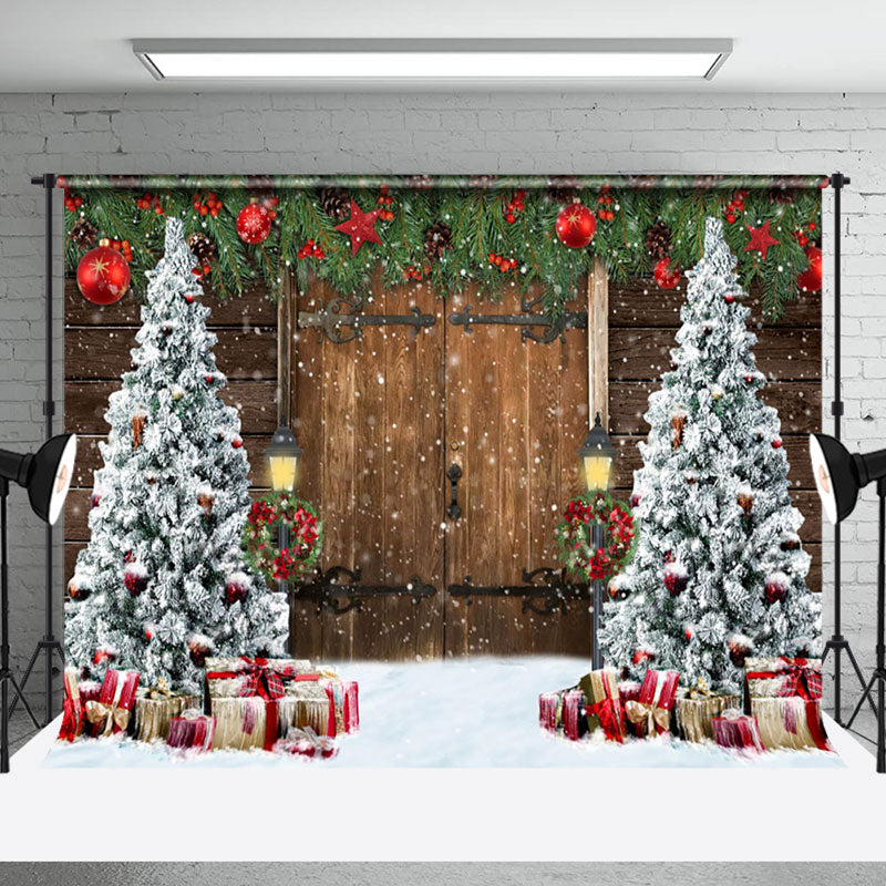 Aperturee - Aperturee Old Wooden Door Christmas Tree Festive Photo Backdrop