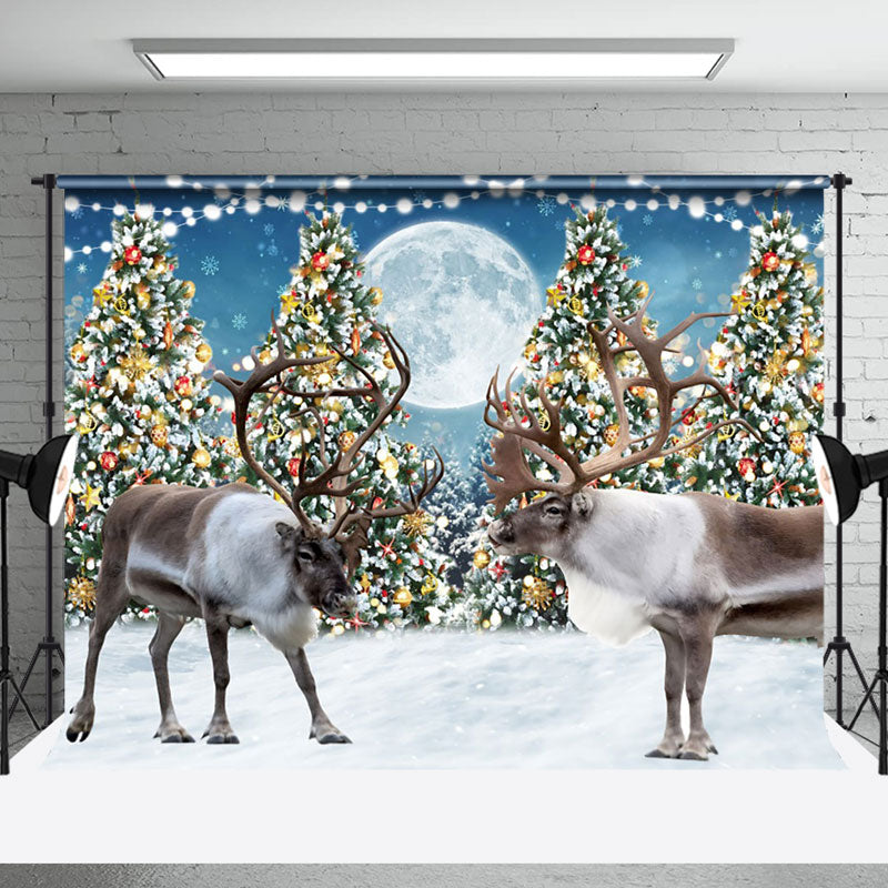 Aperturee - Aperturee Christmas Tree Reindeer Moon Holiday Photo Backdrop