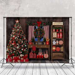 Aperturee - Aperturee Wooden House Bakery Christmas Tree Photo Backdrop