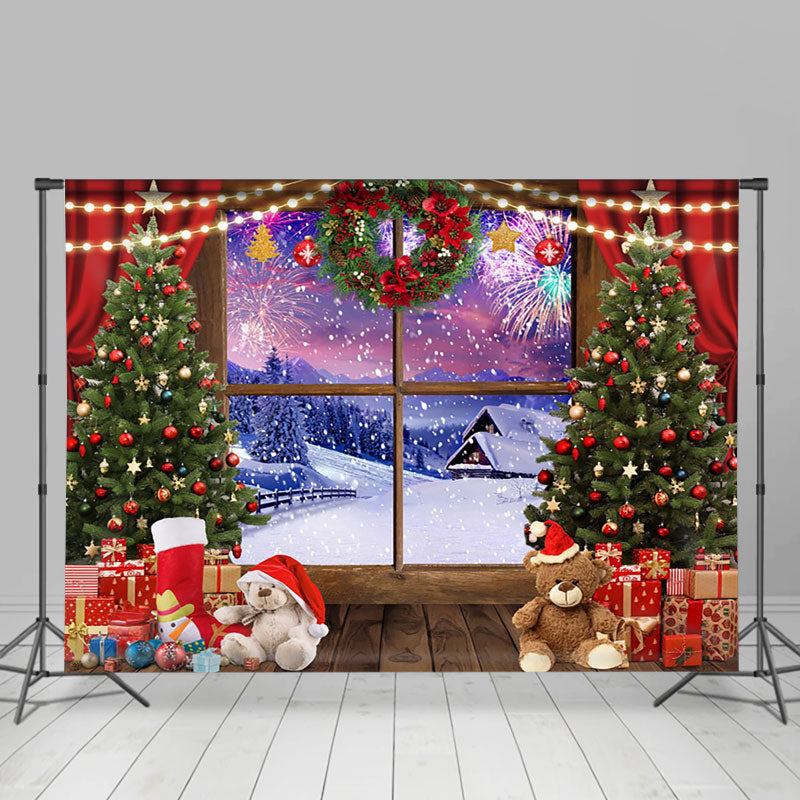 Aperturee - Aperturee Merry Christmas Window Snow Scene Photo Backdrop