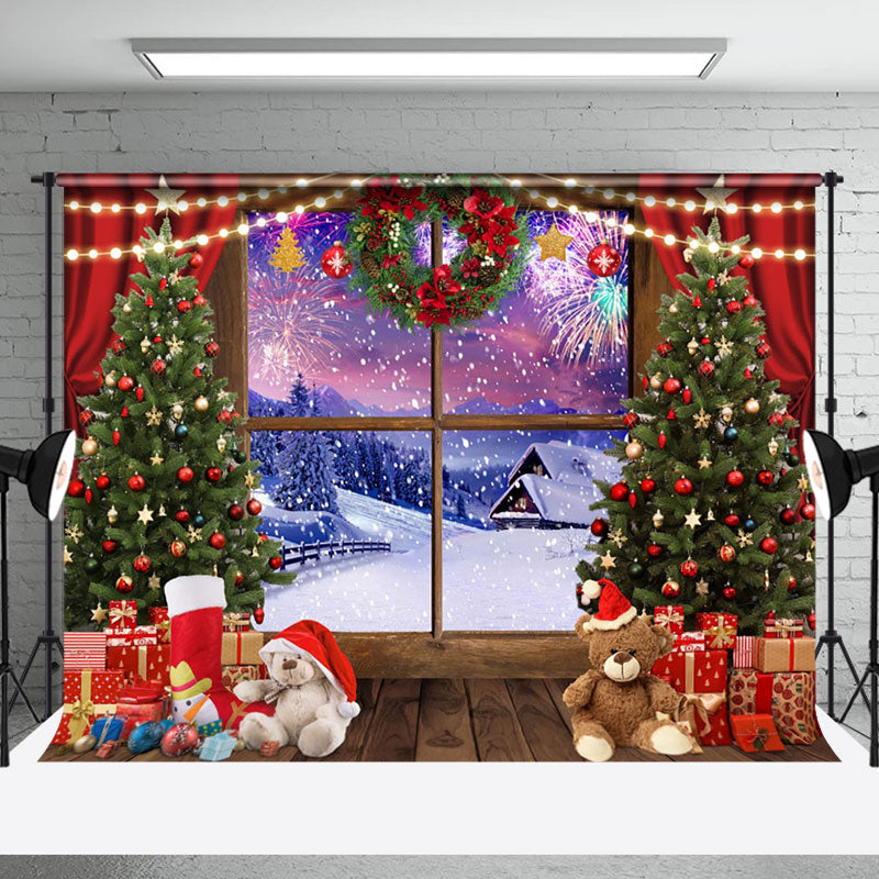 Aperturee - Aperturee Merry Christmas Window Snow Scene Photo Backdrop