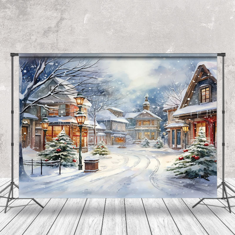 Aperturee - Aperturee Cartoon Winter Outdoor Town Snow Scene Backdrop