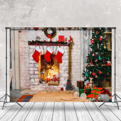 Aperturee - Aperturee Socks Fireplace White Brick Wall Christmas Backdrop