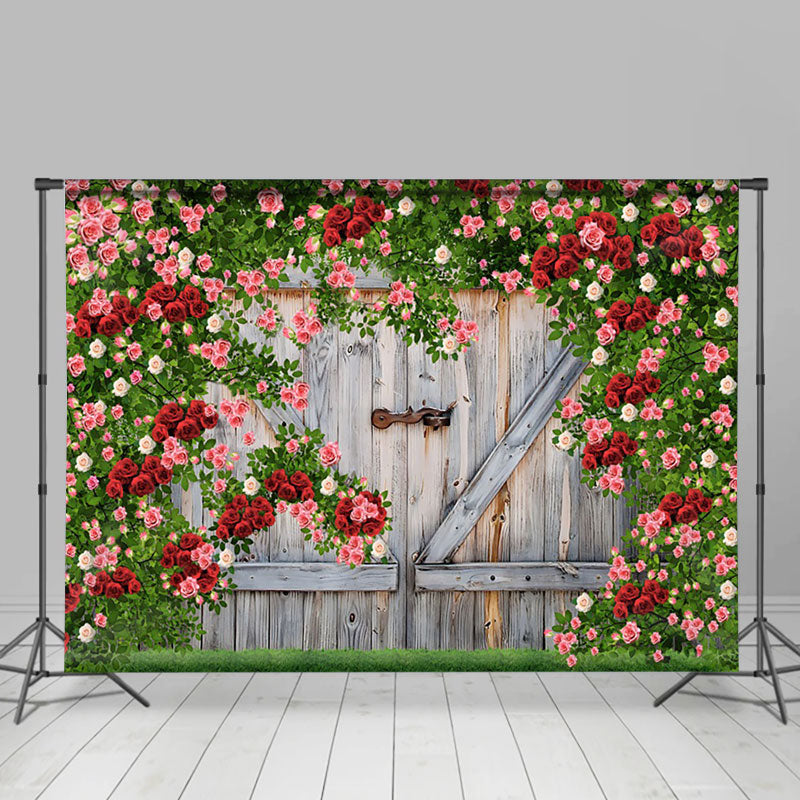 Aperturee - Aperturee Greenery Red Rose Wood Door Valentines Day Backdrop