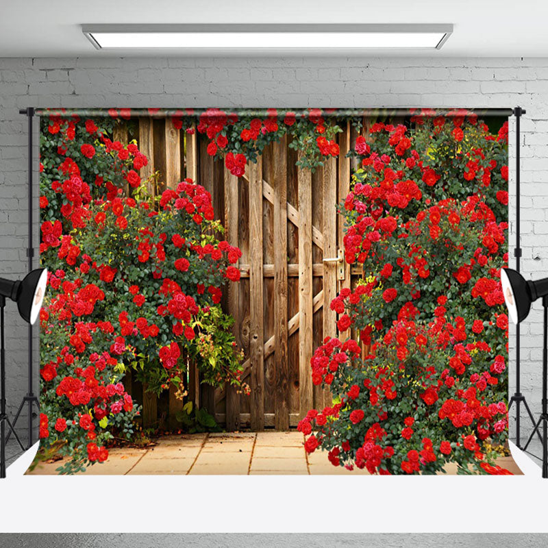 Aperturee - Aperturee Red Rose Wooden Barn Door Valentines Day Backdrop