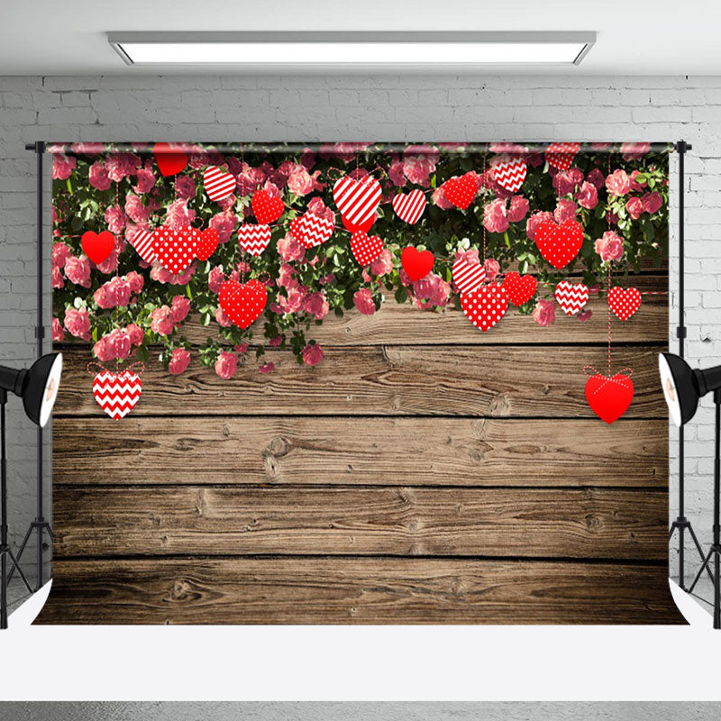 Aperturee - Aperturee Greenery Floral Hearts Wood Valentines Day Backdrop