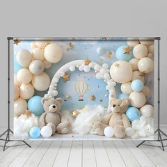 Aperturee - Aperturee Beige Balloon Arch Bear Blue Sky Cake Smash Backdrop