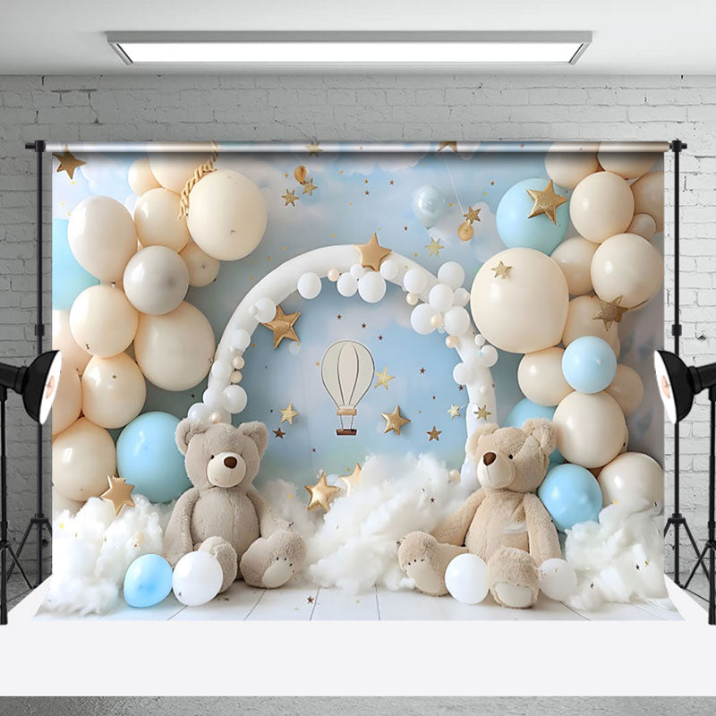 Aperturee - Aperturee Beige Balloon Arch Bear Blue Sky Cake Smash Backdrop